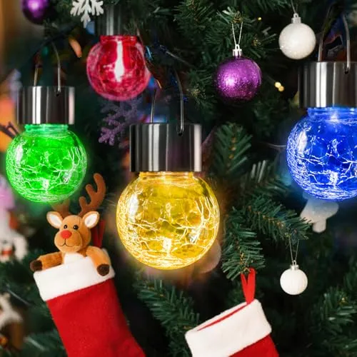 LQWELL Solar Hängeleuchten für außen, 4 STK Solar Außenleuchten, Crackle Glaskugel LaterneLicht, Wasserdicht, Mehrere Farben, Rissiges, Automatischer Wechsel für Party, Garten, Zaun, Baum Deko