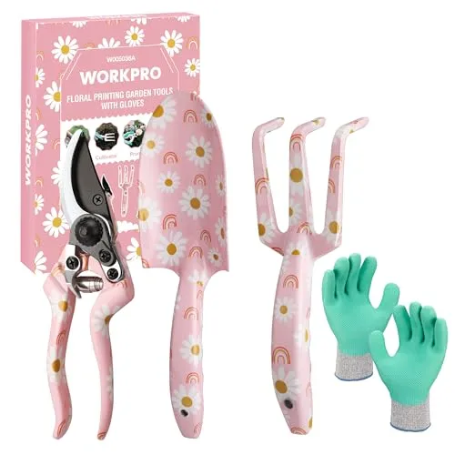 WORKPRO Gartenwerkzeug Set 4-tlg., Gartengeräte mit Geschenkverpackung, Gartenschaufel Gartenschere Gartenkralle Handschuhe, Geschenke für Gärtnerinnen und Gärtner, Gartengeschenk rosa