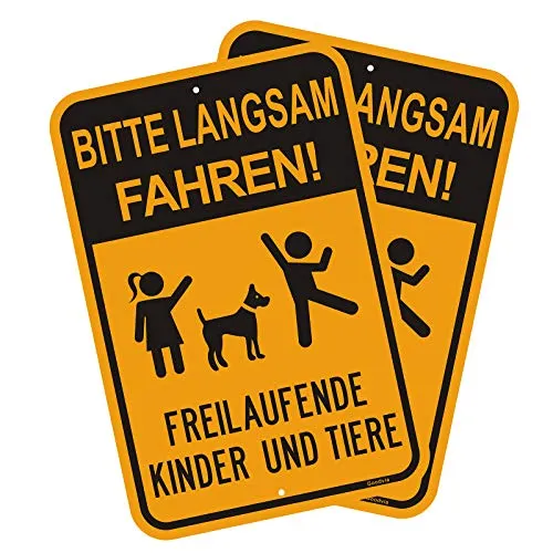 Goodvia Achtung Kinder Und Tiere Schild (45 * 30 cm Aluminium) - Warnschild Spielende Kinder - Bitte Langsam Fahren - Wetterbeständig, Wasserdicht, Haltbare Tinte, Einfach zu Montieren, 2 Stücke