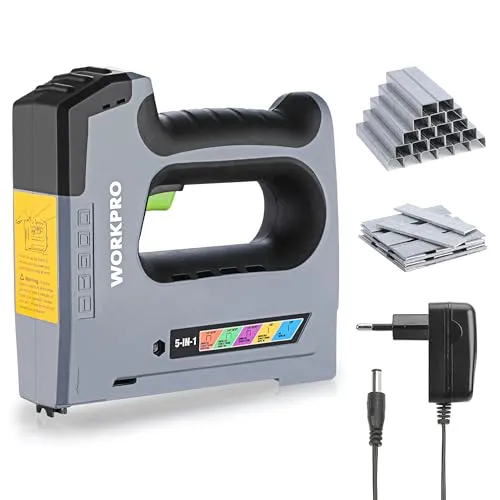 WORKPRO 5-in-1 Elektrotacker 3,6V, Akku Tacker Nagelpistole mit 2000mAh Batterie, Heavy Duty Elektronagle für JT21,T50,T20,BN18,PIN inkl. 2000 Klammern & Nägel, Ideal für Dekoration, Möbelbau