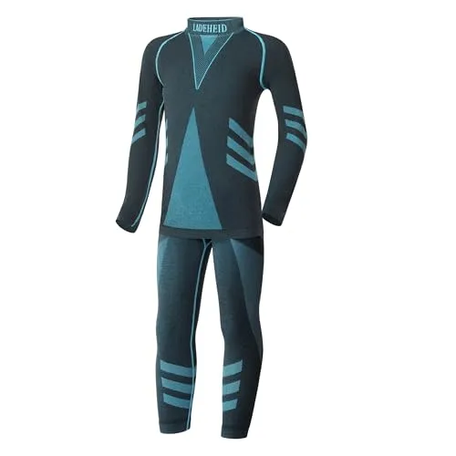 Ladeheid Skiunterwäsche Kinder Funktionsunterwäsche Set Langarm Shirt Lange Unterhose Thermoaktiv LAGI009 (Schwarz/Turquoise, 158-164)