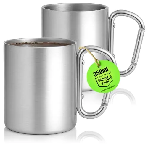 com-four® 2x Edelstahl Thermobecher mit Karabinergriff in silber von COM-FOUR