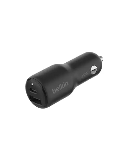 Belkin Boost↑Charge Dual Car Charger 42W - KFZ Einbau Ladegerät mit 30W USB-C und 12W USB-A, ideal für schnelles Laden von iPhone und Samsung-Geräten. Kompakt und sicher für den Einsatz unterwegs.