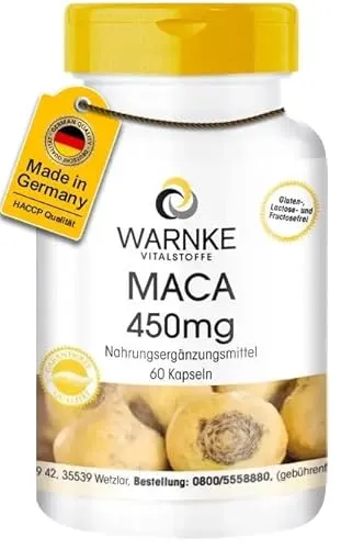 Maca 450mg - 60 Kapseln - hochdosiert & vegan - gelbe Maca-Wurzel Extrakt - 4500mg pro Tagesdosis | Warnke Vitalstoffe - Deutsche Apothekenqualität