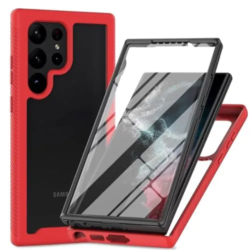 JIAFEI Hülle für Samsung Galaxy S24 Ultra, [mit Eingebautem Displayschutz] 360° Rundumschutz TPU Robust Bumper Case Outdoor Handyhülle - Rot
