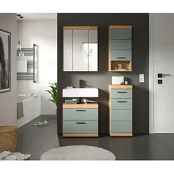 Badmöbel-Set SCHLOONSEE 4-teilig - 4-teiliges Badmöbel-Set in modernem Grün, bestehend aus Waschbeckenunterschrank, Spiegelschrank, Unterschrank und Hängeschrank - hochwertig verarbeitet und pflegeleicht.
