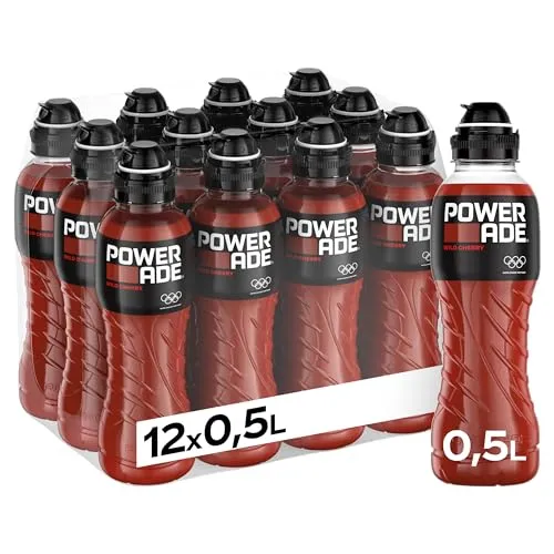 Powerade Sports Wild Cherry, kalorienarmes Sportgetränk mit Kirsch-Geschmack, mit Elektrolyten, Sport Drink in stylischen Einweg Flaschen (12 x 500 ml) (Verpackung kann variieren)