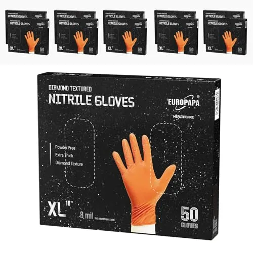 EUROPAPA® 500 Stück extra dicke Nitrilhandschuhe DiamantGrip XL - Die extra dicken Nitrilhandschuhe bieten hervorragenden Schutz und Grip dank ihrer diamanttexturierten Oberfläche. Ideal für Bau, Industrie und Montage, schützen sie effektiv vor Feuchtigkeit und bieten hohen Tragekomfort.