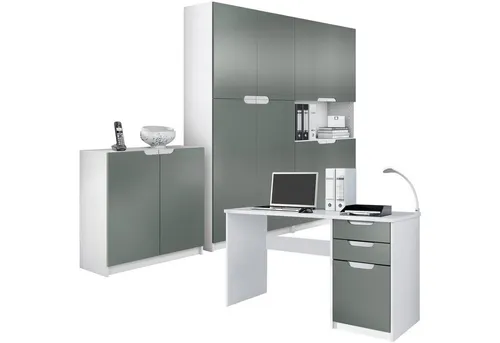 Vladon Aktenschrank Logan - Büromöbel-Set in Weiß matt/Graphit seidenmatt - Die moderne Büroserie Logan bietet Funktionalität und Stil für das Home-Office oder den professionellen Einsatz. Robuste Möbel mit eleganten Designelementen und flexiblen Frontfarben passen sich Ihren Bedürfnissen an.