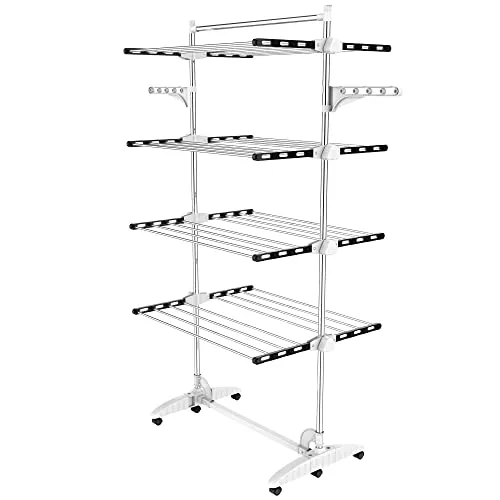 Todeco Wäscheständer Turm Klappbar, Wäscheturm 4 Ebenen aus Edelstahlrohre, Turmtrockner mit 6X Rollen, Flügel, Obene Stange, Mobiler Turmwäscheständer für Balkon Wohnzimmer Badewanne,Schwarz