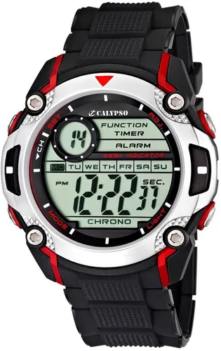 Calypso K5577/4 Digitaluhr schwarz rot - 10 ATM wasserdicht - Digitale Herrenuhr mit Kautschukarmband und Stoppuhrfunktion, perfekt für Sportler. Wasserdicht bis 10 ATM, ideal zum Schwimmen und Schnorcheln.
