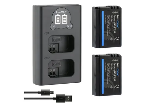 Blumax Set mit Lader für Sony NP-FW50 950 mAh - Kamera-Akkus mit 2 leistungsstarken Akkus und LCD Dual-Ladegerät für maximale Energieversorgung. Hohe Kapazität von 950mAh und Schutz vor Kurzschlüssen für lange Lebensdauer.
