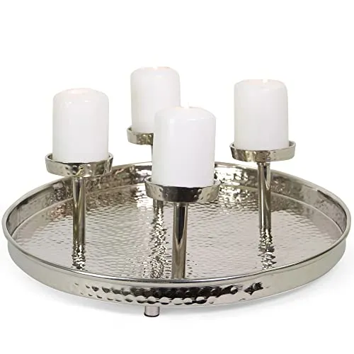 Silberner Metall Kerzenhalter Rund Ø 40 cm - Adventskranz Hammerschlag - Christbaum- & Feiertagsschmuck, eleganter silberner Kerzenhalter im Hammerschlag-Design, perfekt für festliche Anlässe und stimmungsvolle Dekoration.
