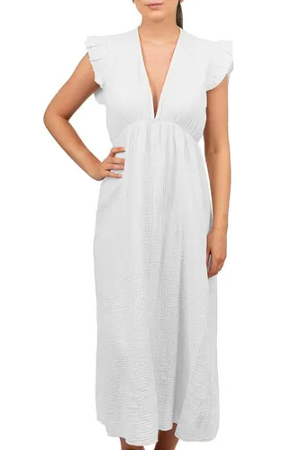 Reichstadt Damen Musselin Sommerkleid mit V-Ausschnitt und Rüschenärmel - Stylisches Sommerkleid von Reichstadt für warme Tage. Mit tiefem V-Ausschnitt und raffinierten Rüschenärmeln bietet es hohen Tragekomfort und eine feminine Silhouette. Pflegeleicht und ideal für jeden Anlass.