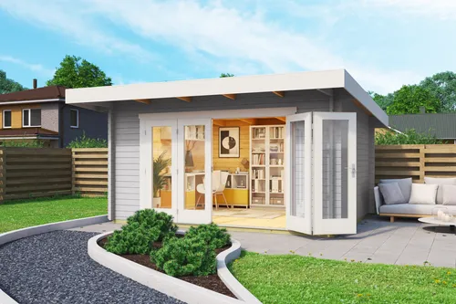 Gartenhaus Blockhaus Pultdach 44 mm Sussex 1 grau