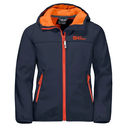 Jack Wolfskin Softshelljacke Fourwinds - wind- & wasserabweisend, nachtblau/orange, Größe 176 - Robuste Softshelljacke für Kinder, ideal für Abenteuer mit hoher Bewegungsfreiheit und atmungsaktiver FLEX SHIELD Technologie.
