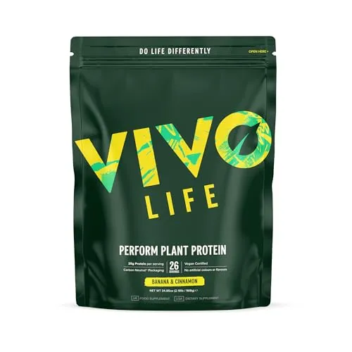 Vivo Life Perform Veganes Proteinpulver - Banane und Zimt Geschmack - Verzweigtkettige Aminosäuren (BCAA) - 25 g pflanzliches Protein pro Portion, reich an Eisen und Zink zur Unterstützung des Immunsystems, glutenfrei und ohne künstliche Zusätze.