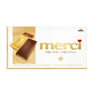 merci Tafelschokolade Kaffee-Sahne – 100g Genuss - Schokoladenriegel mit zart schmelzender Kaffee-Sahne auf weißer Schokolade, perfekt verpackt für besondere Genussmomente und ideal zum Verschenken.