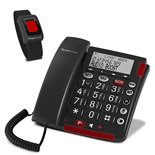 Amplicomms BigTel 50 Alarm Plus - schnurgebundenes Großtastentelefon mit SOS-Taste, Notfallarmband und extrem lauter Hörerlautstärke bis +90dB