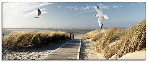 ARTland Wanddeko Glasbilder Wandbild Glas Bild einteilig 125x50 cm Querformat Strand Meer Nordsee Küste Möwen Himmel Steg Natur Landschaft Dünen T9NJ