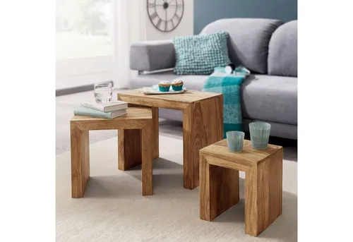 FineBuy 3er Set Satztisch Massiv-Holz - Konsolentische fürs Wohnzimmer: Handgefertigtes Set aus massivem Holz, einzigartig in Maserung und Design – ideal für einen natürlichen Wohnstil.