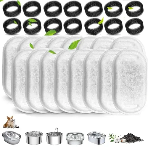 HaploS 32 Stück Filter Katzenbrunnen,Katzen Trinkbrunnen Filter 3.2L /2L | 16 Stück Schaumfilter, 16 Stück Kohlefilter, Trinkbrunnen Katzen Ersatzfilter Für Edelstahl Trinkbrunnen Für Katzen Und Hunde