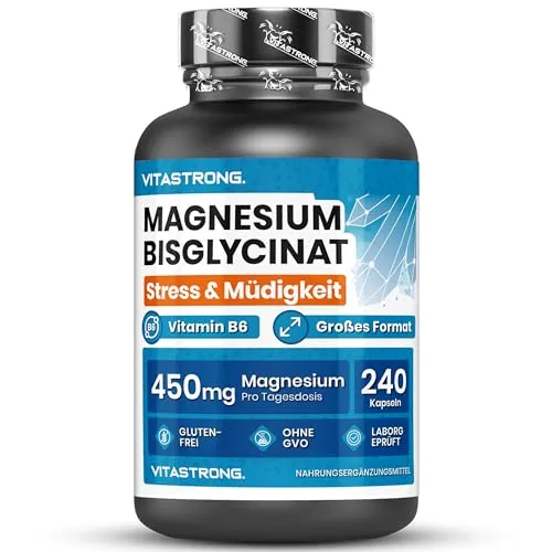 Magnesium Bisglycinat Vitastrong 3750mg (davon 450mg elementares Magnesium) + Vitamin B6, 240 Kapseln hochdosiert, Magnesium Komplex für Müdigkeit, Erschöpfung, Muskeln und Energie, Gluten- & GVO-frei
