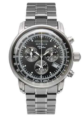 Zeppelin Herrenuhr 100 Jahre Stahl/Schwarz 7680MB-2 - Elegante Herrenuhr aus Edelstahl mit Stoppuhr, Alarm und leuchtendem Zifferblatt. Perfekt für stilbewusste Männer, die Funktionalität und Design schätzen.