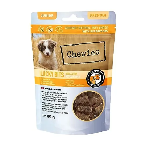 Chewies Lucky Bits Rind & Huhn Junior Hundeleckerli für Welpen - Hundeleckerlis getreidefrei & Soft mit viel Protein und Superfoods wie Bierhefe oder Ginkgo, ohne Zucker (80 g)