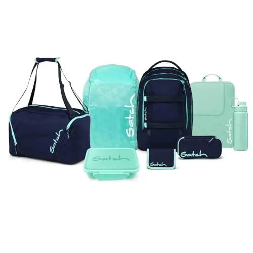 Satch Pack Kollektor Edition Schulrucksack Set 8tlg. (Ocean Mint) - Vielseitiges 8-teiliges Schulrucksack-Set mit Schlamperbox und Sporttasche. Ideal für den Schulalltag – bietet Platz für alles, was Ihr Kind braucht, inklusive Trinkflasche und Brotdose.