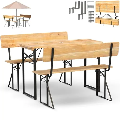 holz4home® Bierzeltgarnitur 3-teilig mit Lehne - Möbelsets mit klappbarer Festzeltgarnitur, inklusive Tisch, 2 Bänken und Flaschenöffner – ideal für Feste drinnen und draußen!