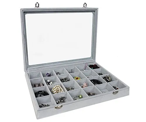 Schaukasten Schmuckkasten Schmucklade Schmuckdisplay Glasdeckel grau (24 Fächer)