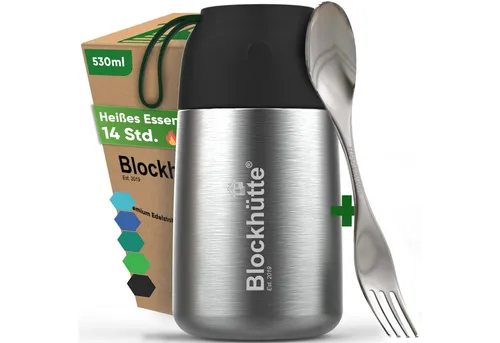 Blockhütte Thermobehälter 530ml – Auslaufsicher und Rostbeständig - Praktischer 530 ml Thermobehälter aus hochwertigem Edelstahl, BPA-frei und geruchsresistent. Ideal für unterwegs, inklusive Göffel und Baumwollbeutel. Spülmaschinenfest und lebensmittelecht.