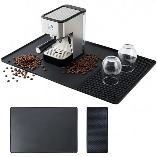 Ziyonix 60x40cm Unterlage Kaffeemaschine Matte Silikonmatte, Hitzebeständiges Rutschfeste Kaffeemaschine Abtropfmatte mit 19x40cm Abnehmbarer Geschirr Abtropfmatte 2 en 1 Silikon Matte Unter Kaffe