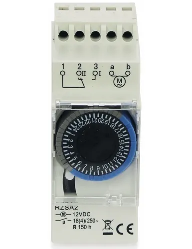RELTECH Zeitschaltuhr RZSA2, 12 V-, DIN-Schiene, Analog - Zeitschaltuhr für 12 V-Anwendungen, ideal für die Steuerung von Beleuchtung und Geräten, platzsparend auf DIN-Schiene montierbar.