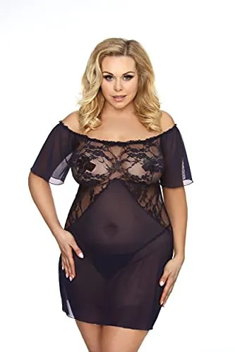 Frauen Dessous Chemise mit String schwarz dunkelblau mit Spitze und Netz transparent Negligee Plus Size 3XL/4XL
