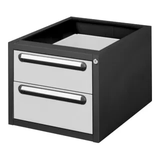 STIER Unterschrank Container Premium mit 2 Schubladen - Roll- & Standcontainer für elektrisch höhenverstellbare Werkbank, mit durchgehender Griffleiste und zentralem Stiftzylinderschloss für maximale Sicherheit.