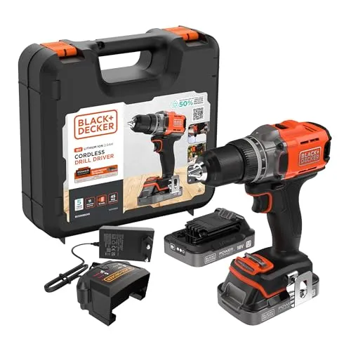 BLACK+DECKER Akku-Bohrschrauber 18 V - 45 Nm Drehmoment - Akkuschrauber mit max. Drehmoment von 45 Nm für mühelose Bohr- und Schraubarbeiten, inklusive 2 Akkus und Ladegerät für dauerhafte Nutzung.