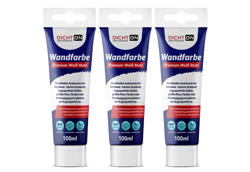 DICHTON Wandfarbe Ausbessern weiß mit Schwamm 100ml D.63W, Deckvermögen Klasse 1 bei 7qm/L