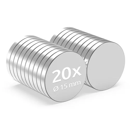 ECENCE Neodym Magnete 20 Stk. - Runde Supermagnete - Extrem Stark - Hochwertige NiCuNi-Beschichtung - Scheibenmagnete Ø 15x2mm - Vielseitig Einsetzbar