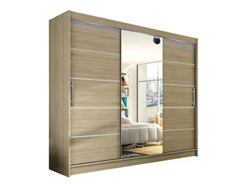 MIRJAN24 Großer Schwebetürenschrank Aston VI mit RGB LED - Schwebetürenschrank mit drei Türen und Frontspiegel, bietet viel Stauraum und eine stilvolle RGB LED Beleuchtung für Ihr Schlafzimmer.