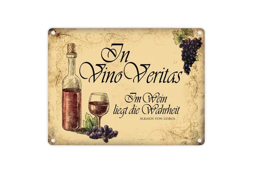 speecheese Metallschild Metallschild mit Wein Motiv und Spruch: In Vino Vertias Blechschild