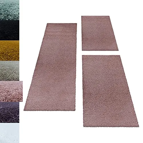Carpettex Bettumrandung Schlafzimmer 3teilig Shaggy Teppich Hochflor Einfarbig Rose Bettset:2 mal 60x110 + 1 mal 80x150 - Bettvorleger Schlafzimmer Läufer Set Weich Flauschiger Bettumrandung Teppich