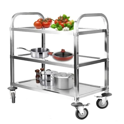 Böden Servierwagen Edelstahl Küchenwagen 835 x 750 x 400 mm Speisewagen | mit Bremsen Rollen Tragfähigkeit 110kg Transportwagen Service Wagen Rollwagen für Restaurant Hotel Schul Küche 3