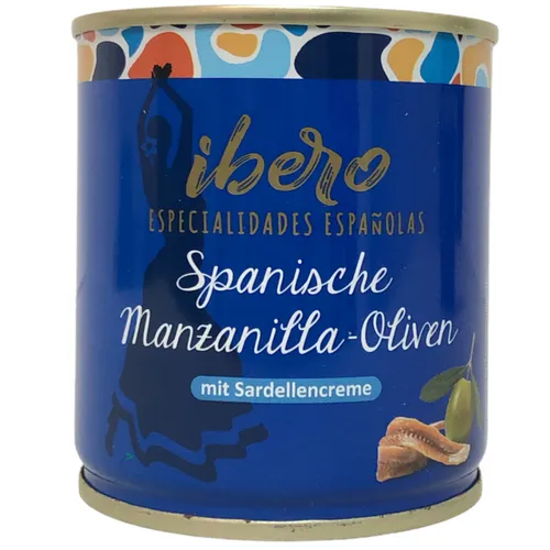 Ibero Spanische Manzanilla-Oliven mit Sardellencreme 1er Pack 1x200g Dose