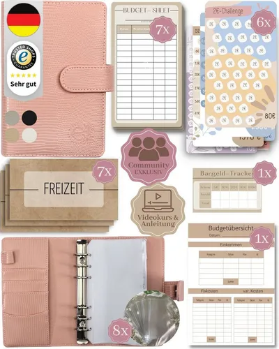 BeginnerBudget Ringbuchmappe - Budget Planner Starter-Set - Konferenzmappen mit 8 Zippverschluss-Umschlägen und 6 Spar-Challenges für effektives Geldsparen in stilvollem Rosa.