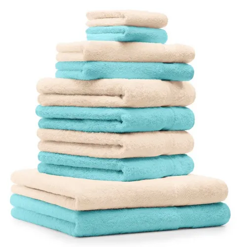 Betz Handtuch Set 10-TLG. Premium Beige & Türkis, 100% Baumwolle - Hochwertiges 10-tlg. Handtuch-Set von Betz, bestehend aus Duschtüchern, Handtüchern, Gästetüchern und Waschhandschuhen. Saugstark und strapazierfähig, ideal für den täglichen Gebrauch.