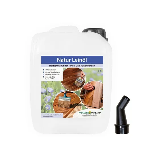 5L Leinöl Holzschutz | Pflegeöl für Echtholzmöbel mit Ausgießer - Holzöle, hochwertiges Naturleinöl für Innen und Außen, idealer Schutz für Echtholzmöbel, einfache Anwendung mit Ausgießer, ergiebig für 31-40 m².
