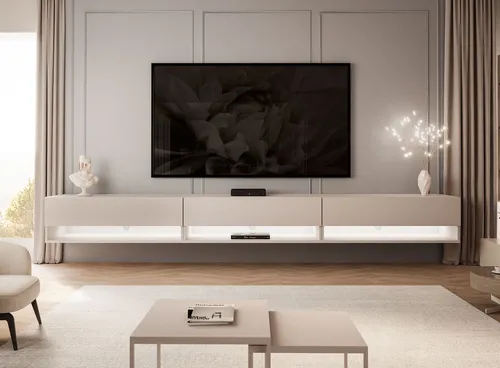 Lookway Lowboard CALANTE 270 cm mit LED-Beleuchtung - Stylisches Lowboard in Kaschmir, ausgestattet mit modernem PUSH-OPEN-System und energiesparender LED-Beleuchtung für ein elegantes Wohnambiente.