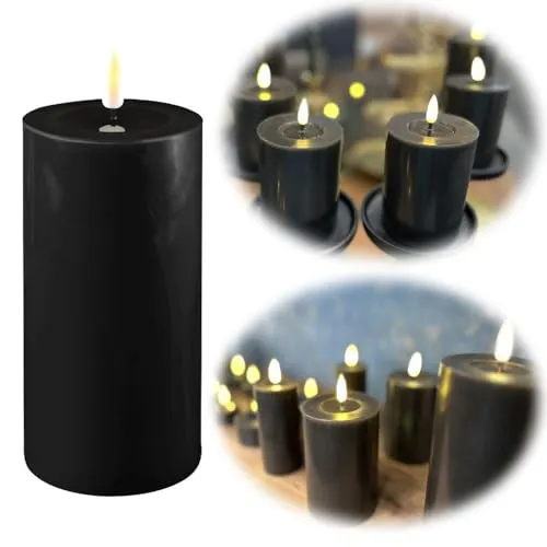 LS-LebenStil Real Flame 3D LED Stumpenkerze Ribe Schwarz 15x7,5cm Deluxe Echtwachs Wachsspiegel flackernde Kerzen Echtwachsspiegel Blockkerze opt. Timer und Fernbedienung